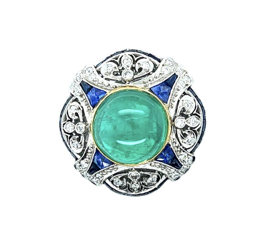 5.30ct Colombian Cabochon Emerald .61ct Dia+2ct Saph PT Handmade Ring
