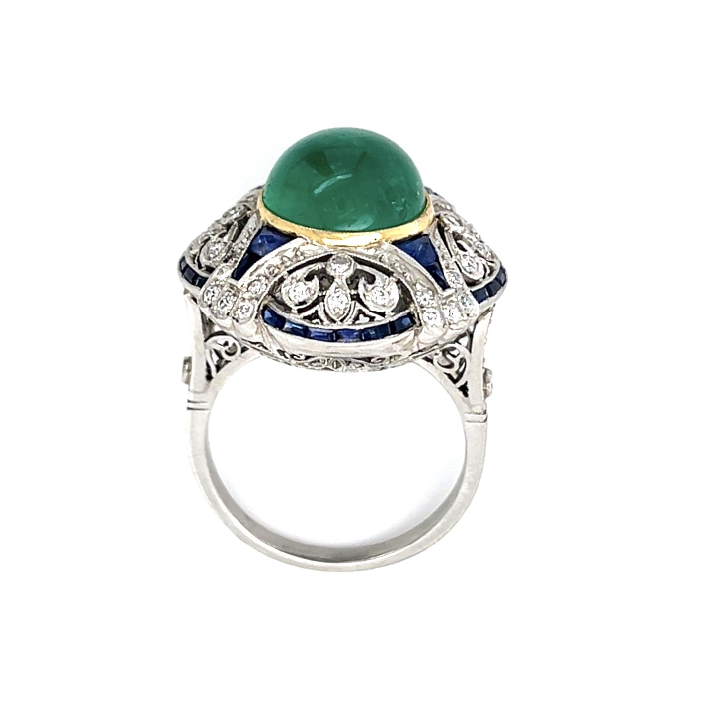 5.30ct Colombian Cabochon Emerald .61ct Dia+2ct Saph PT Handmade Ring
