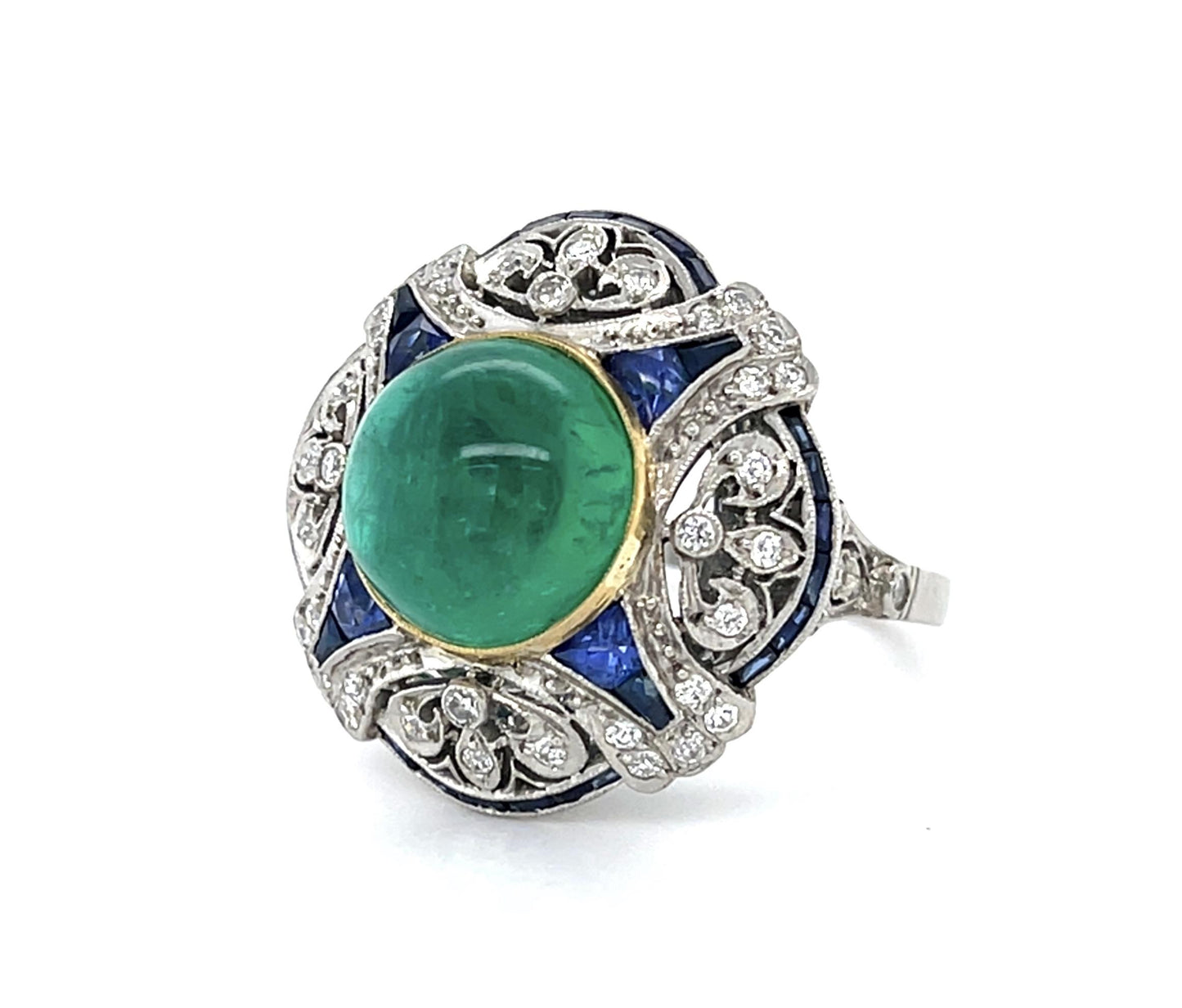 5.30ct Colombian Cabochon Emerald .61ct Dia+2ct Saph PT Handmade Ring
