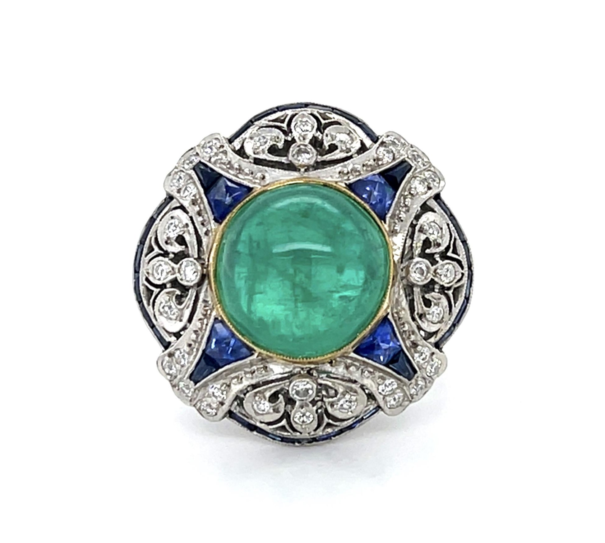 5.30ct Colombian Cabochon Emerald .61ct Dia+2ct Saph PT Handmade Ring