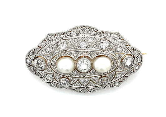 Original 1.20ct (Three Old Euro Dia) + Natural Pearl Platinum + 18KY Brooch