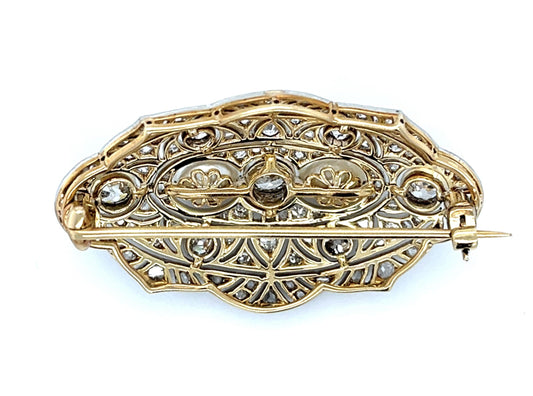 Original 1.20ct (Three Old Euro Dia) + Natural Pearl Platinum + 18KY Brooch