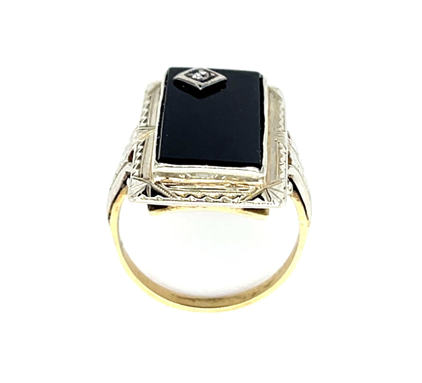 Original Art Deco Onyx+.06ct Diamond 14K 2 Tone Gold Ring (Vintage 1930s)