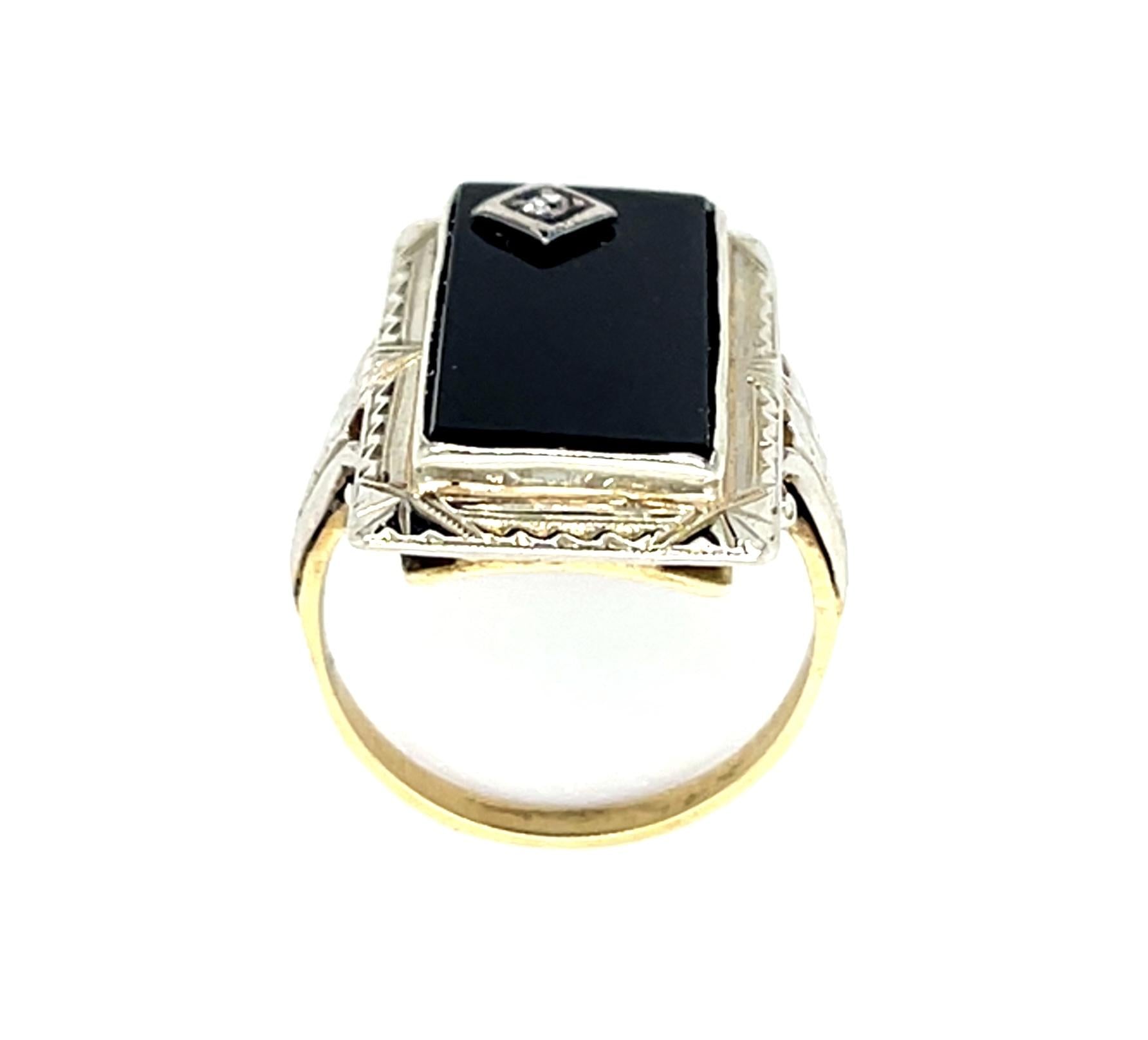 Original Art Deco Onyx+.06ct Diamond 14K 2 Tone Gold Ring (Vintage 1930s)
