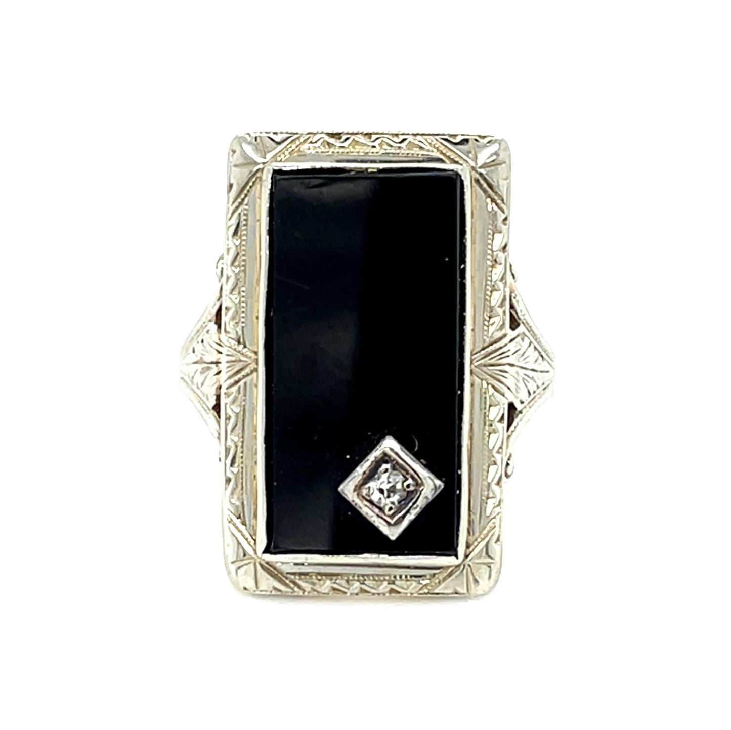 Original Art Deco Onyx+.06ct Diamond 14K 2 Tone Gold Ring (Vintage 1930s)