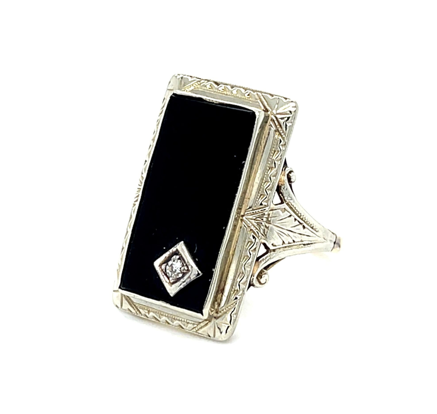 Original Art Deco Onyx+.06ct Diamond 14K 2 Tone Gold Ring (Vintage 1930s)