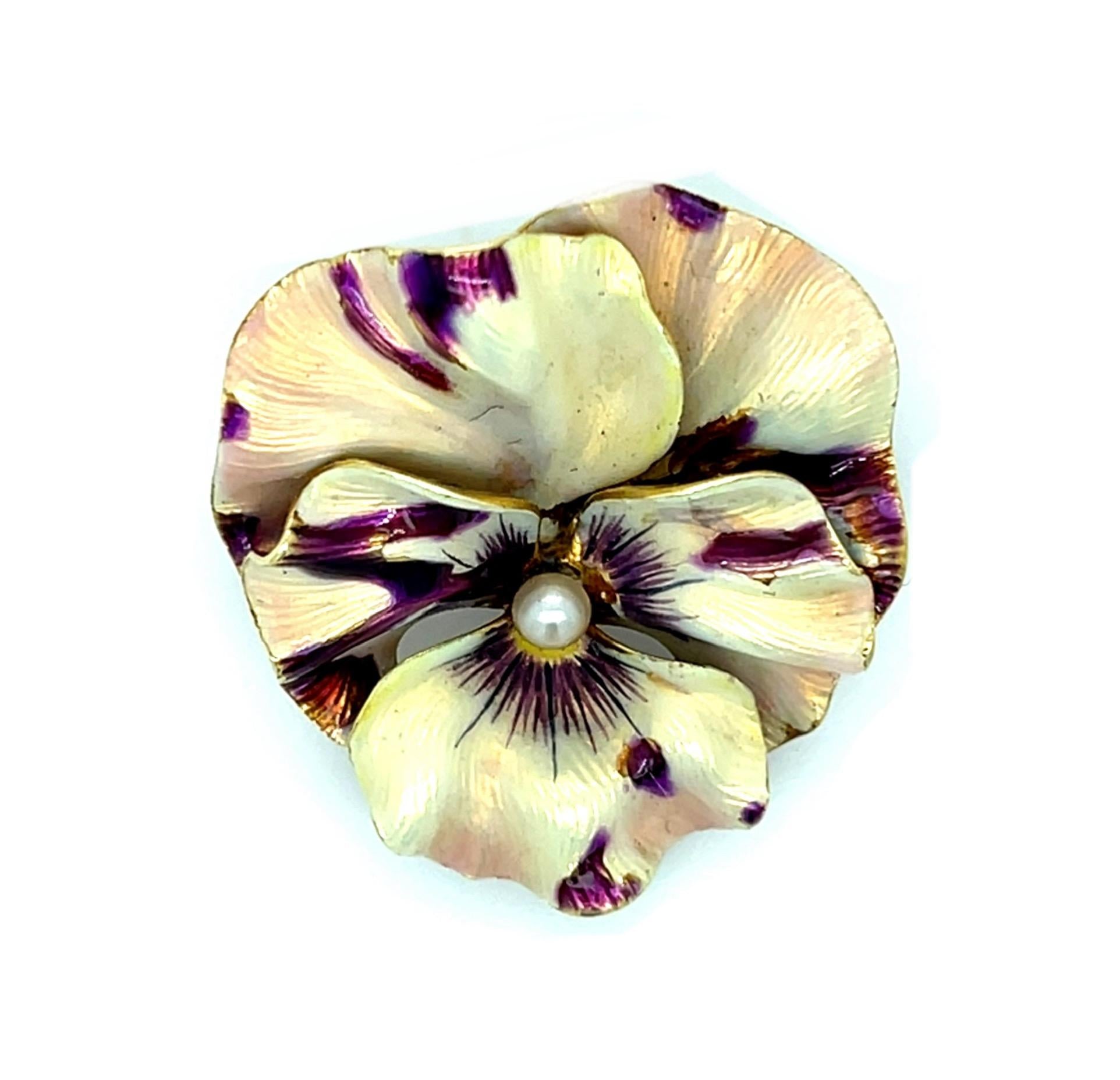 Original Art Nouveau Enamel+Pearl 14KY Pendant Brooch (Antique 1910s)