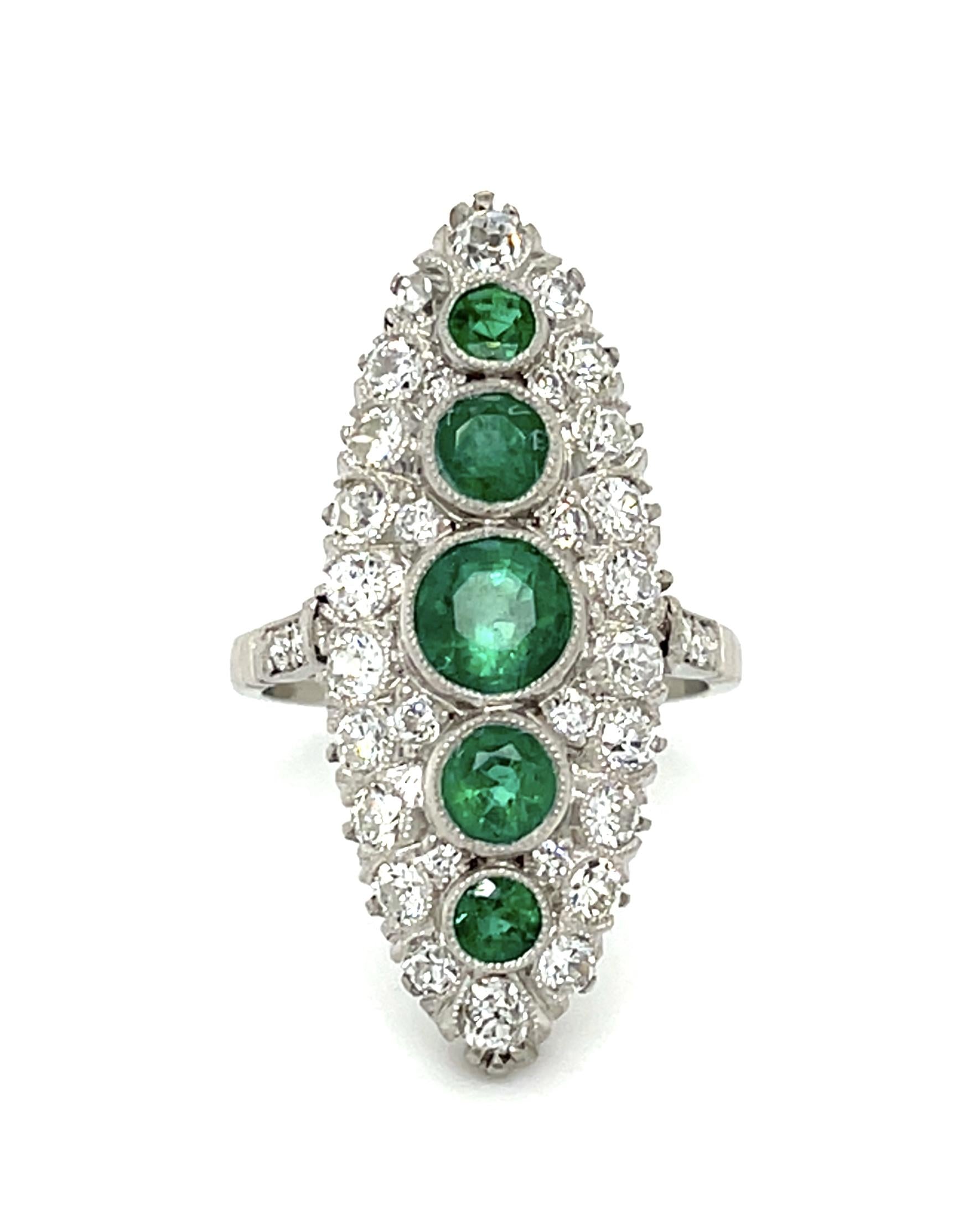 1.87ct Round Emerald Platinum Handmade Navette Ring