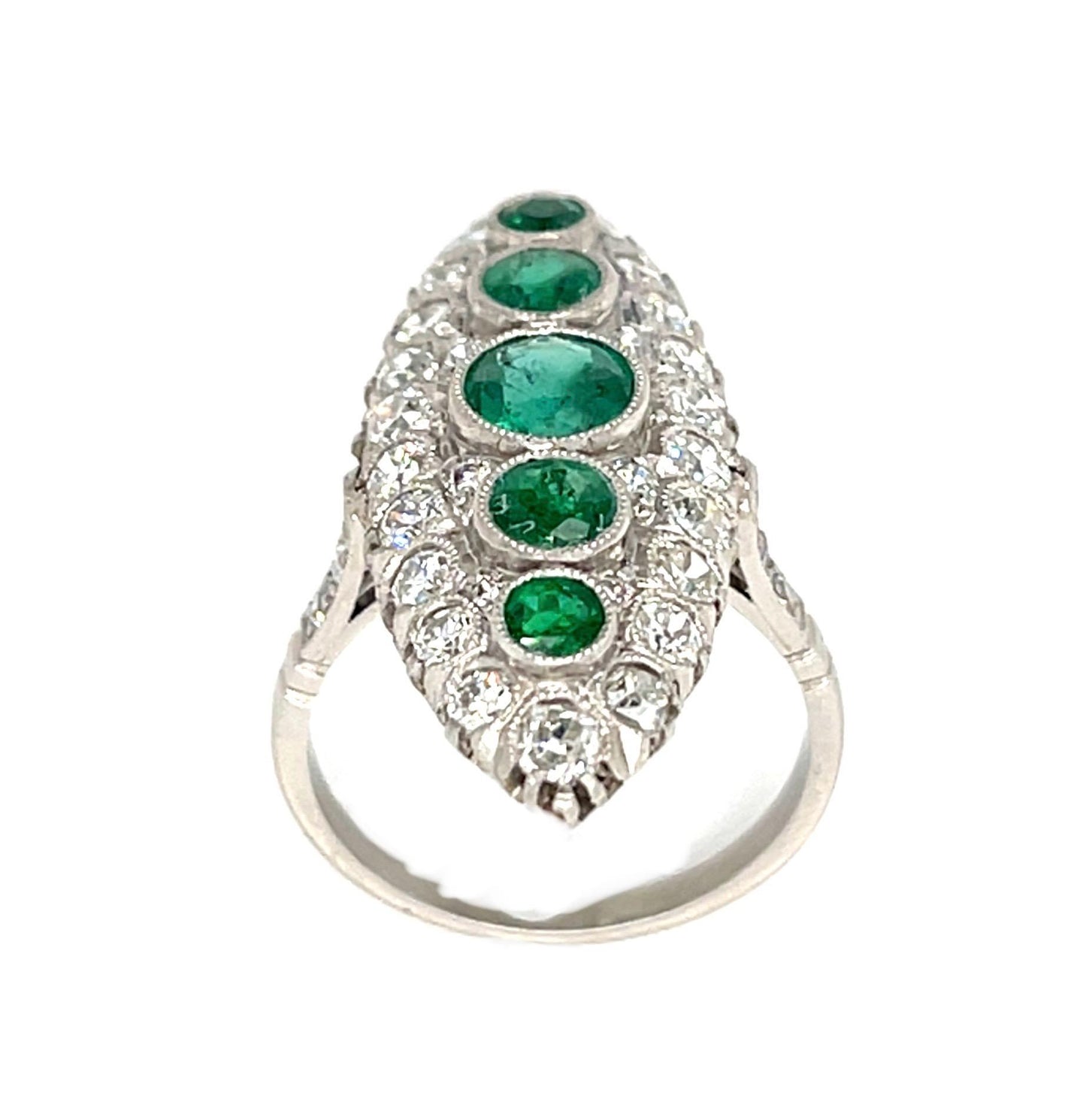 1.87ct Round Emerald Platinum Handmade Navette Ring
