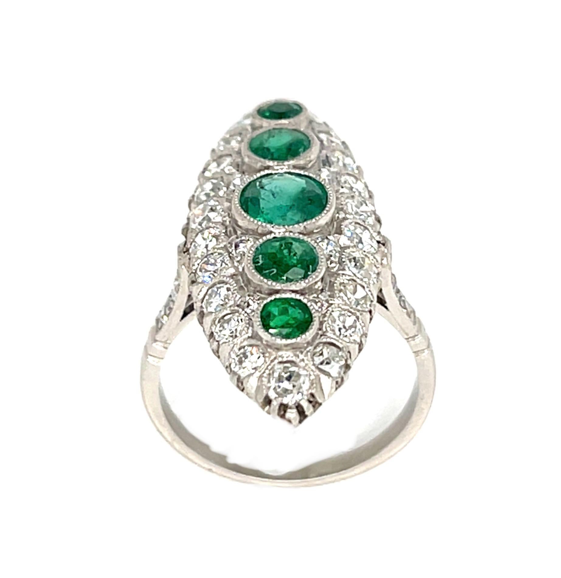1.87ct Round Emerald Platinum Handmade Navette Ring