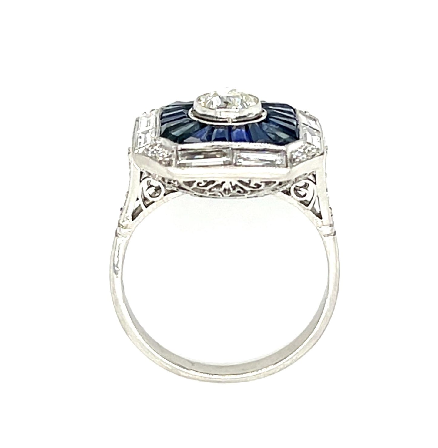 .55ct Old Euro Diamond Platinum Handmade Ring 3.40ct Calibre-set Sapphires