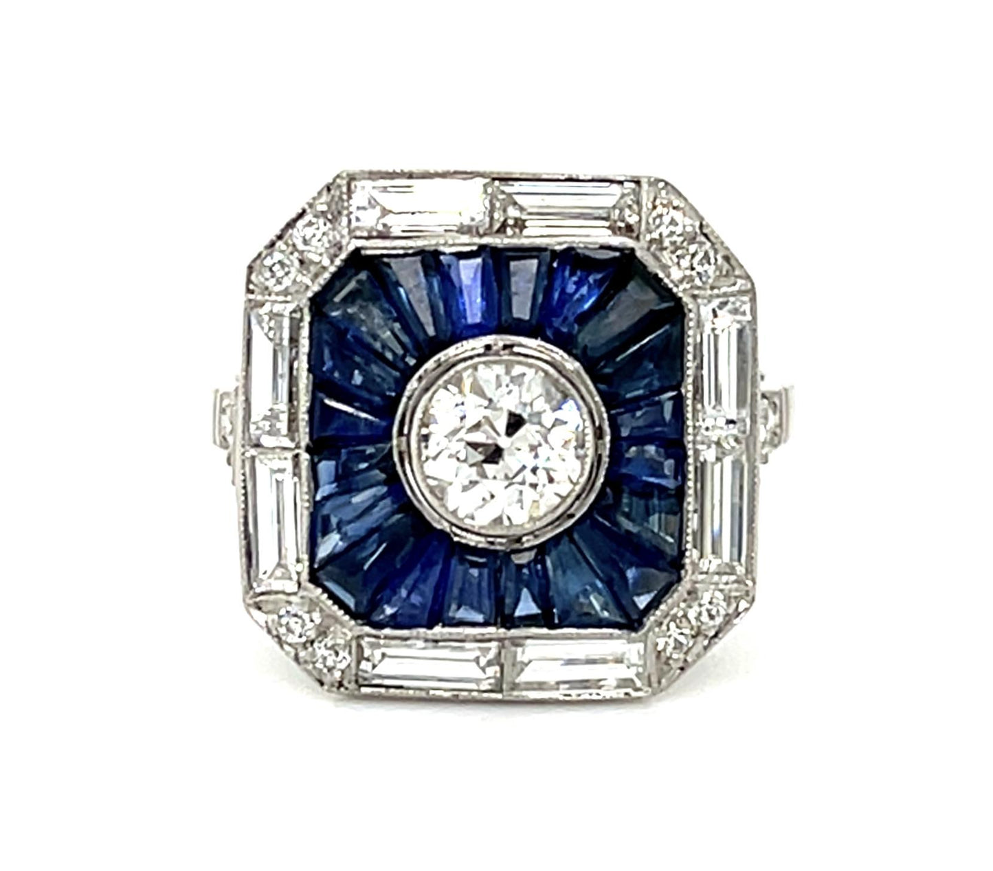 .55ct Old Euro Diamond Platinum Handmade Ring 3.40ct Calibre-set Sapphires