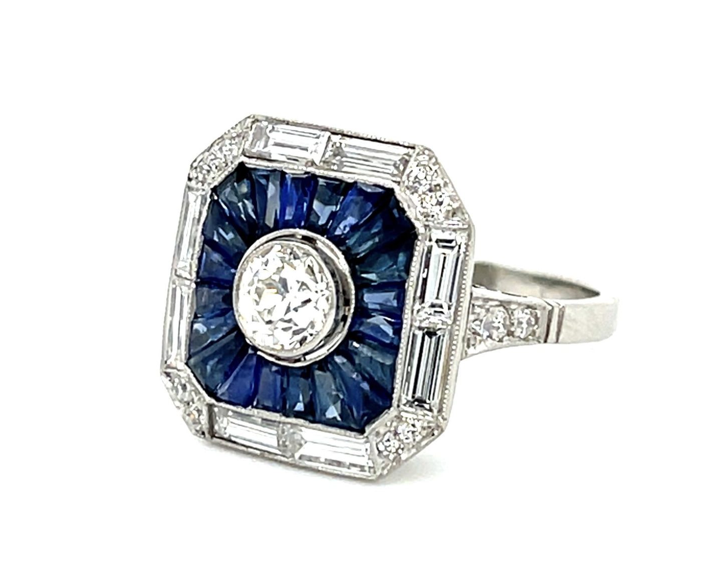 .55ct Old Euro Diamond Platinum Handmade Ring 3.40ct Calibre-set Sapphires