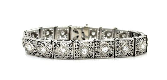 Original Art Deco 1.70ct Diamond 14KW+Platinum Bracelet (Vintage 1930s)