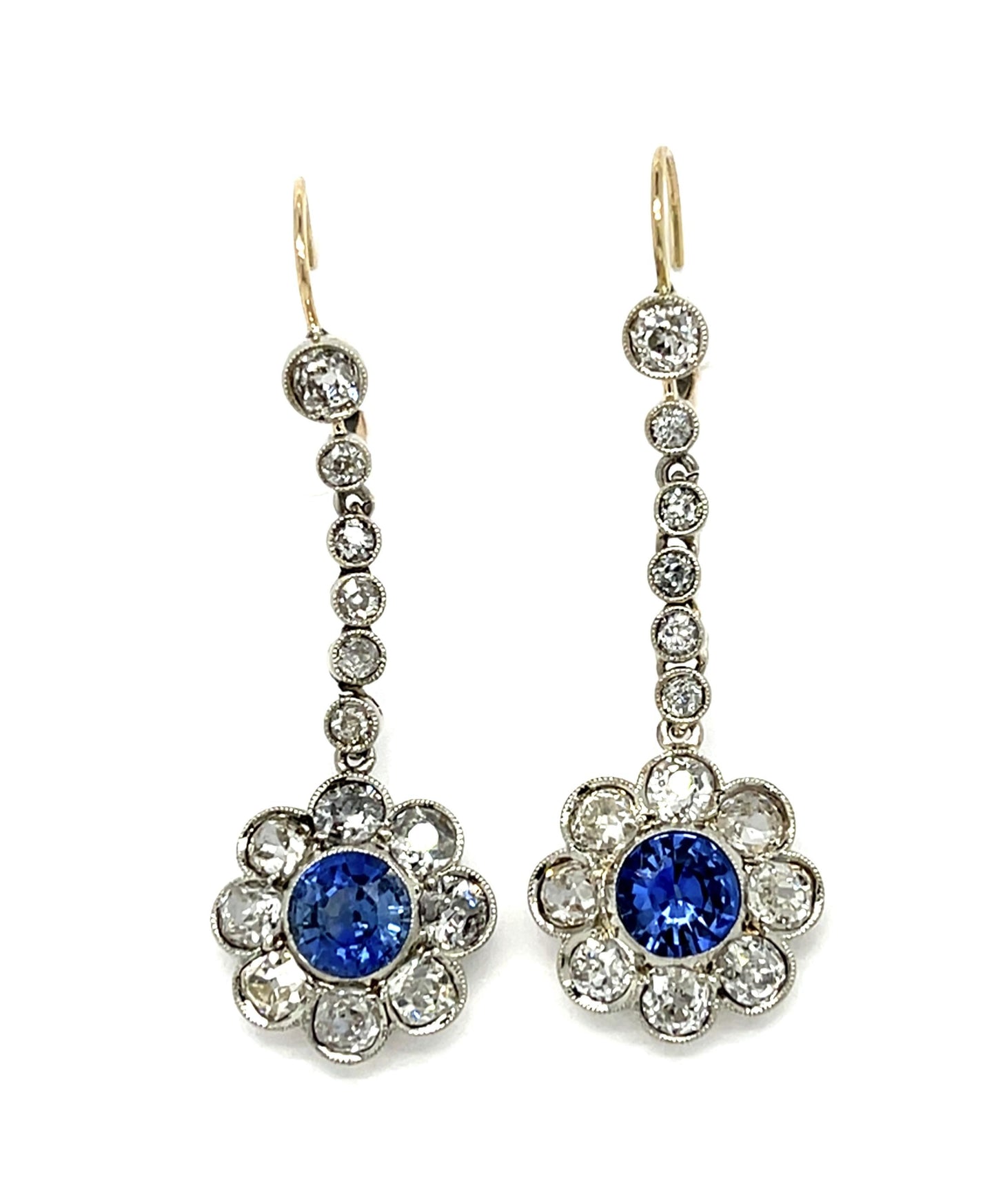 Original Edwardian 2ct Round Sapphire 3.70ct Old Mine Diamond 14K Drop Earrings