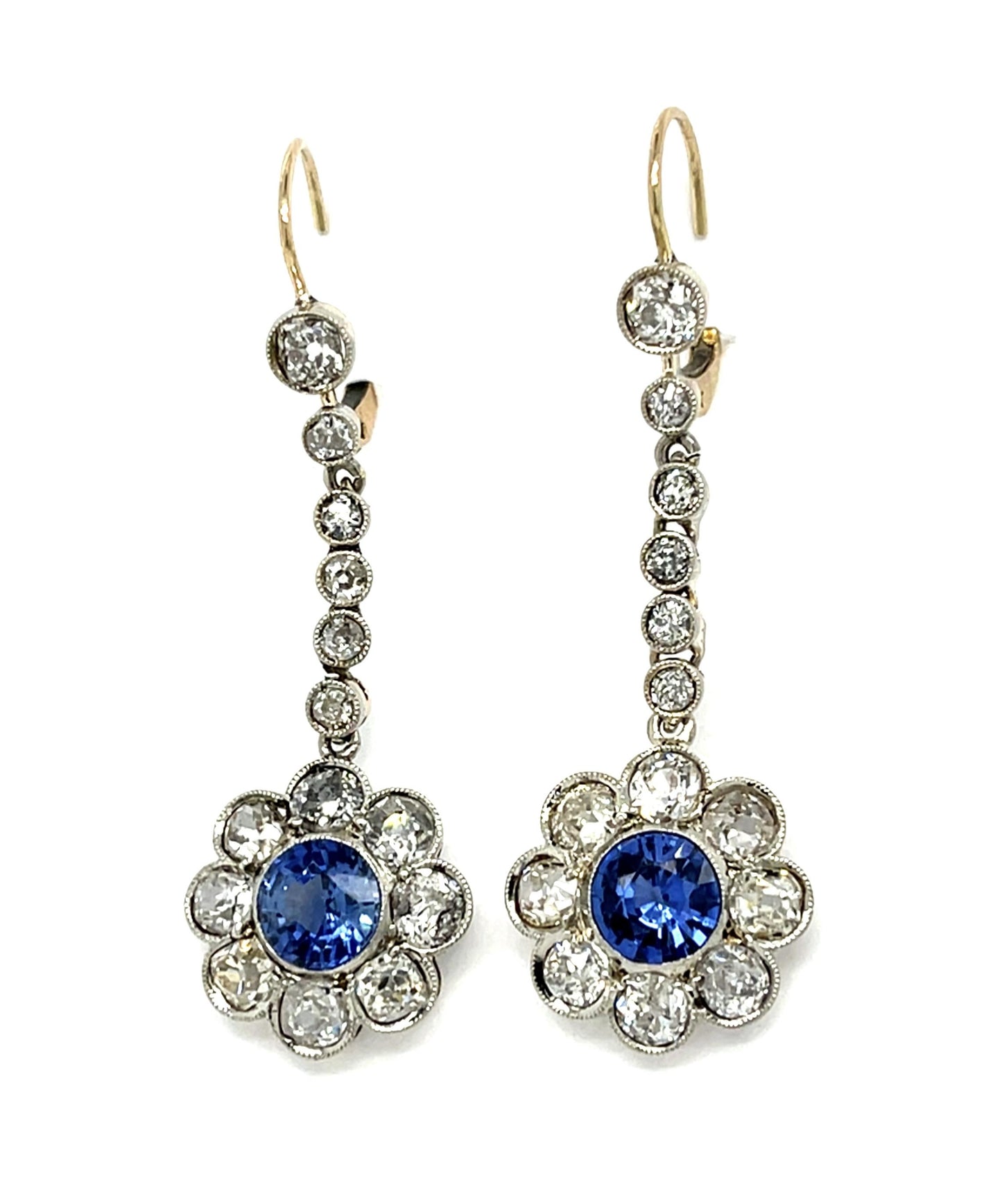 Original Edwardian 2ct Round Sapphire 3.70ct Old Mine Diamond 14K Drop Earrings