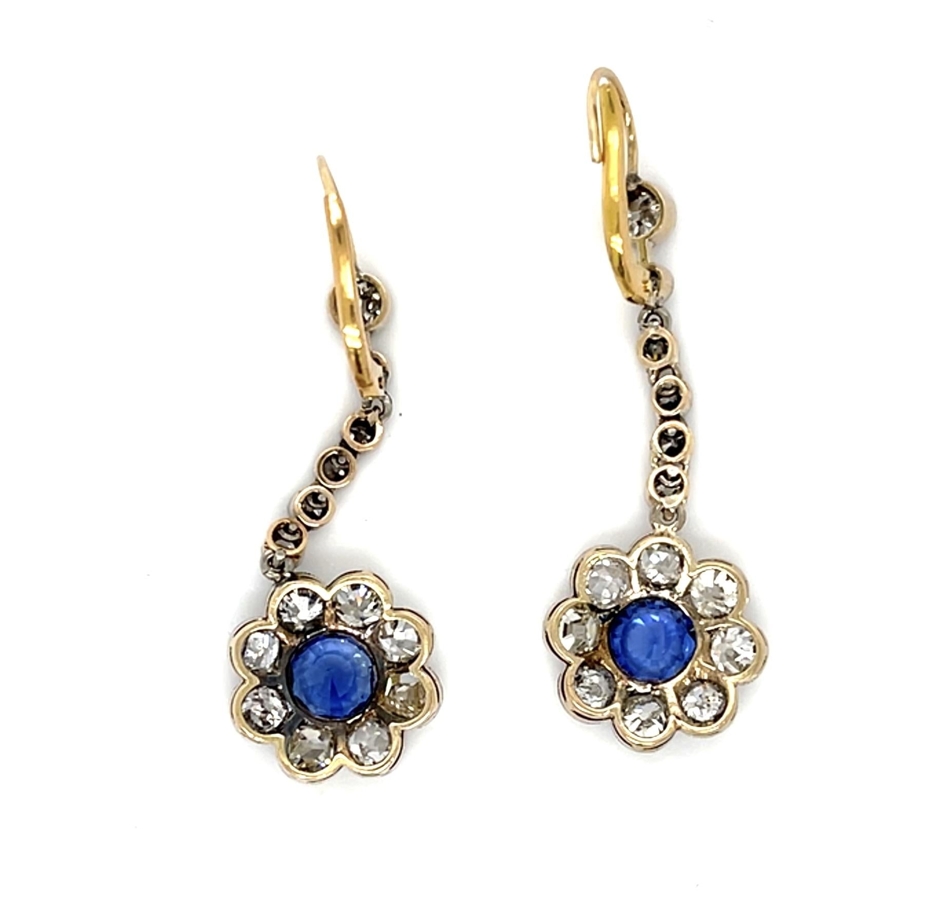 Original Edwardian 2ct Round Sapphire 3.70ct Old Mine Diamond 14K Drop Earrings