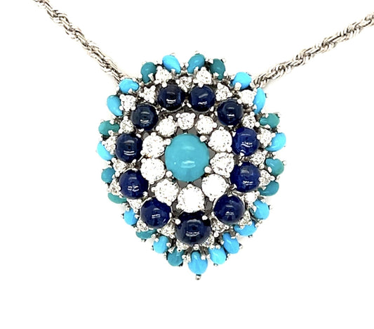 Original Turquoise + 1.75ct Diamond + 2.40ct Sapphire 14KW+Platinum Pendant
