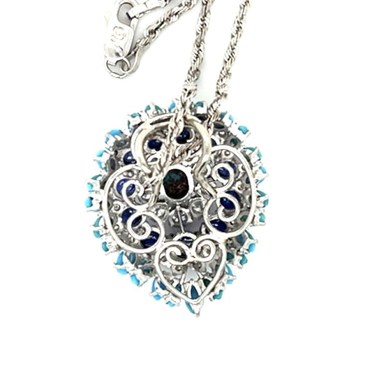 Original Turquoise + 1.75ct Diamond + 2.40ct Sapphire 14KW+Platinum Pendant
