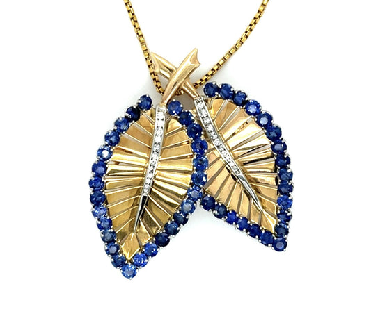 Original French Retro 7.50ct Sapphire .58ct (48 Diamonds) 18KY+Platinum Pendant