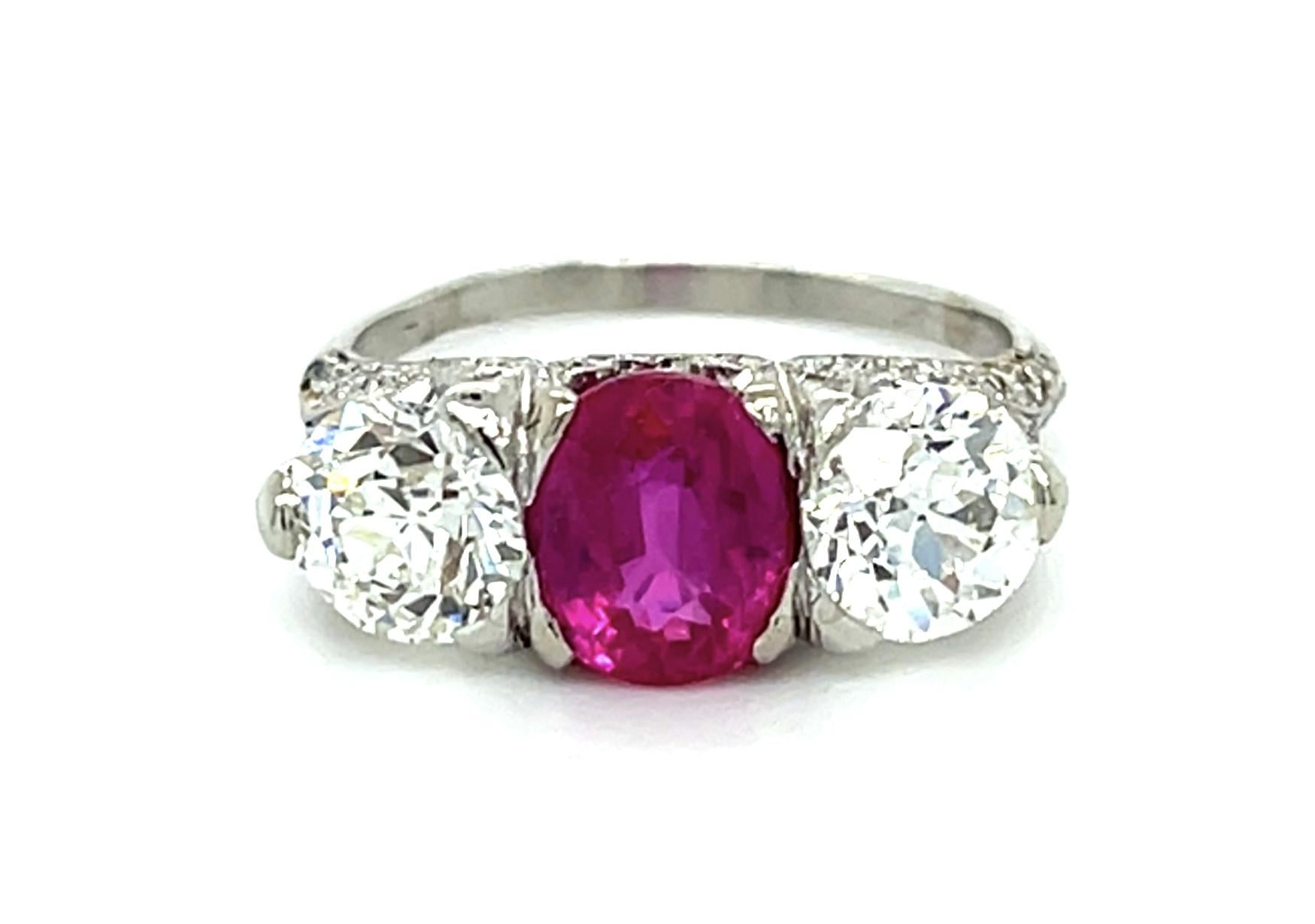 Original Art Deco 2.08ct Oval Ruby Platinum Three Stone Ring (Antique 1920s)