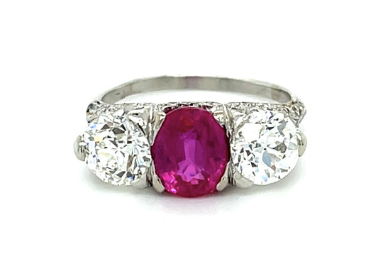 Original Art Deco 2.08ct Oval Ruby Platinum Three Stone Ring (Antique 1920s)