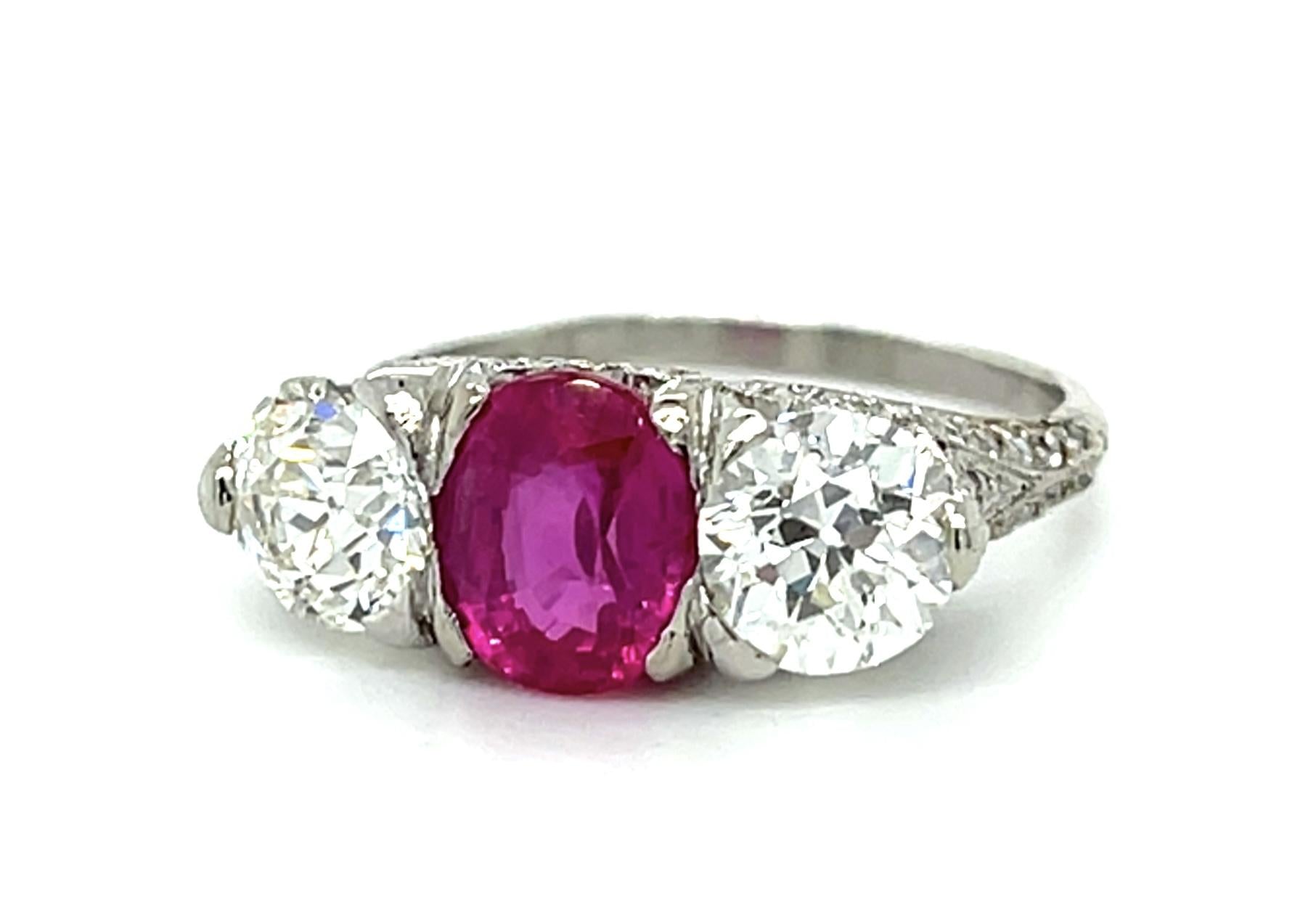 Original Art Deco 2.08ct Oval Ruby Platinum Three Stone Ring (Antique 1920s)