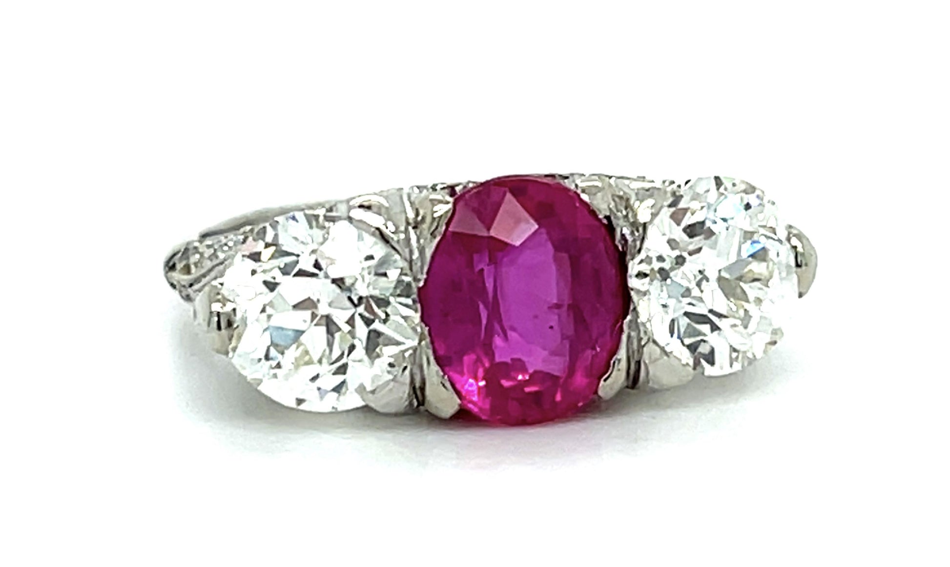 Original Art Deco 2.08ct Oval Ruby Platinum Three Stone Ring (Antique 1920s)