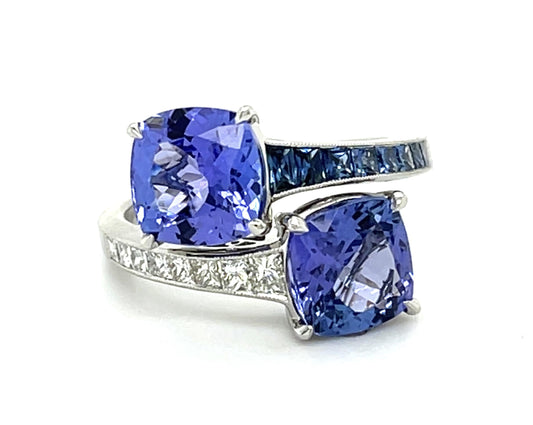 4.80ct Tanzanite Toi et Moi Ring Platinum Ring .56ct Sapphire .40ct Diamond