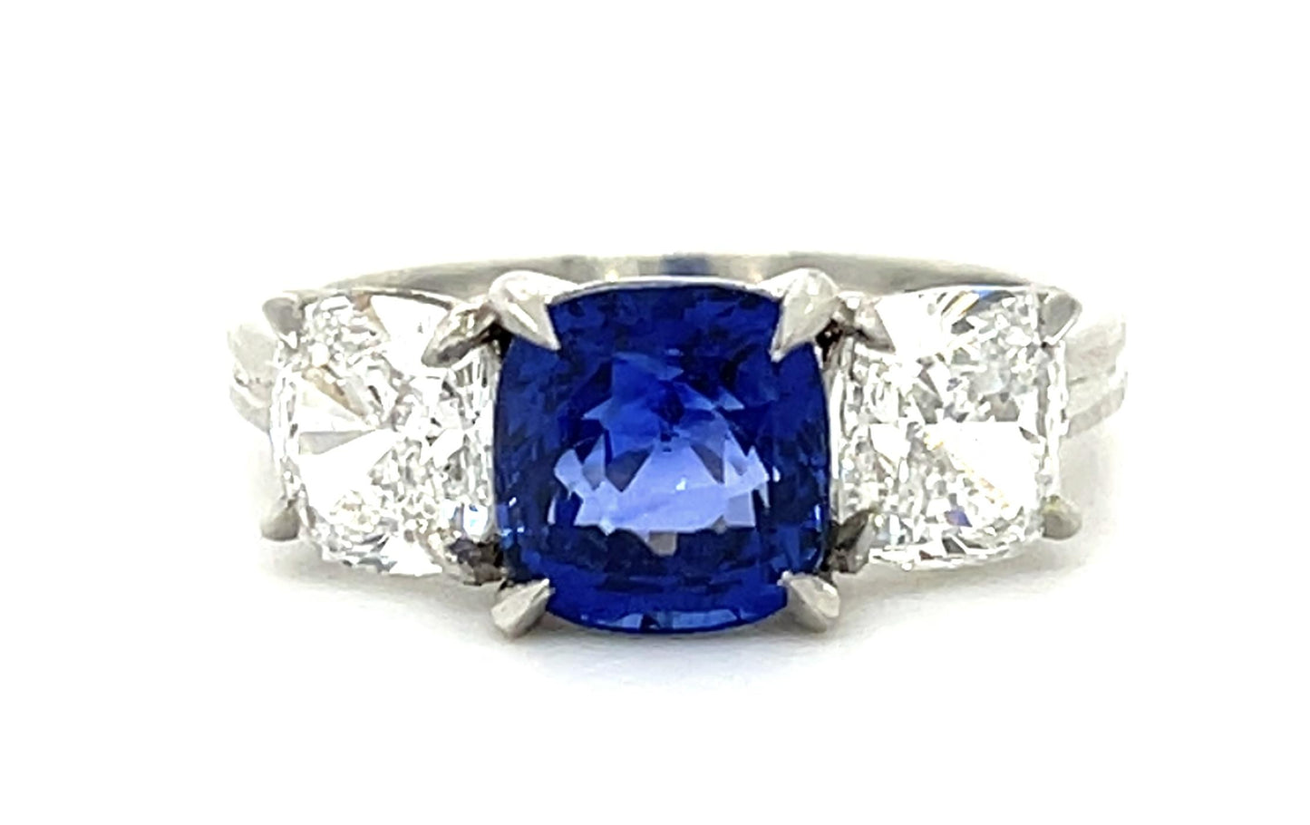 2.65ct Cushion Sapphire PT Three Stone Ring 1.01ct D-VS2 1.01ct E-VVS2 Diamond