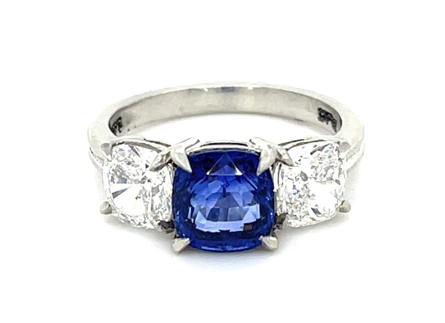 2.65ct Cushion Sapphire PT Three Stone Ring 1.01ct D-VS2 1.01ct E-VVS2 Diamond