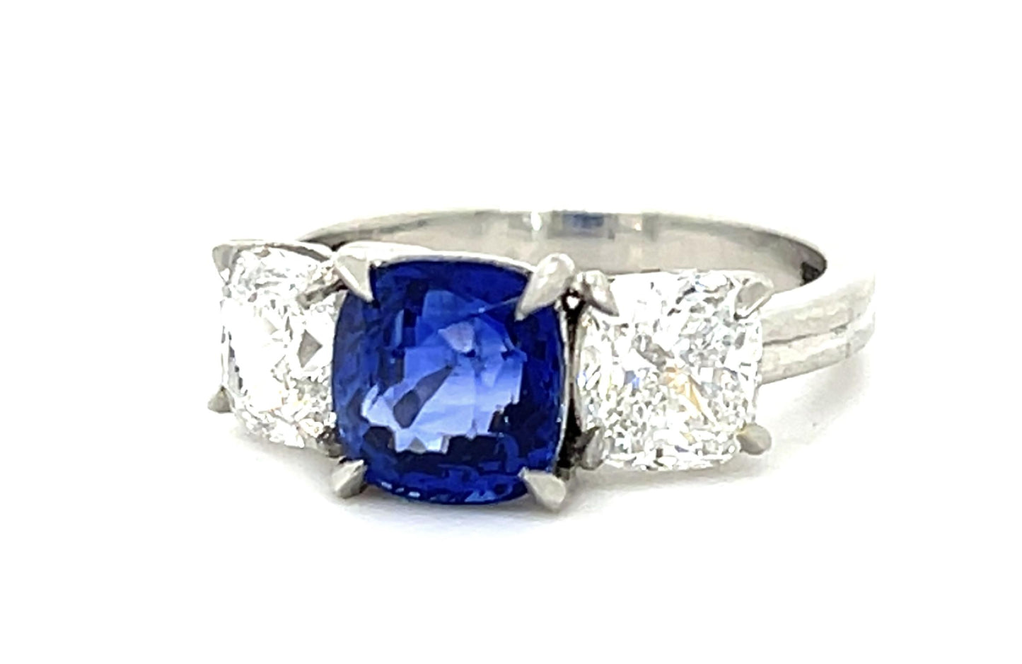 2.65ct Cushion Sapphire PT Three Stone Ring 1.01ct D-VS2 1.01ct E-VVS2 Diamond