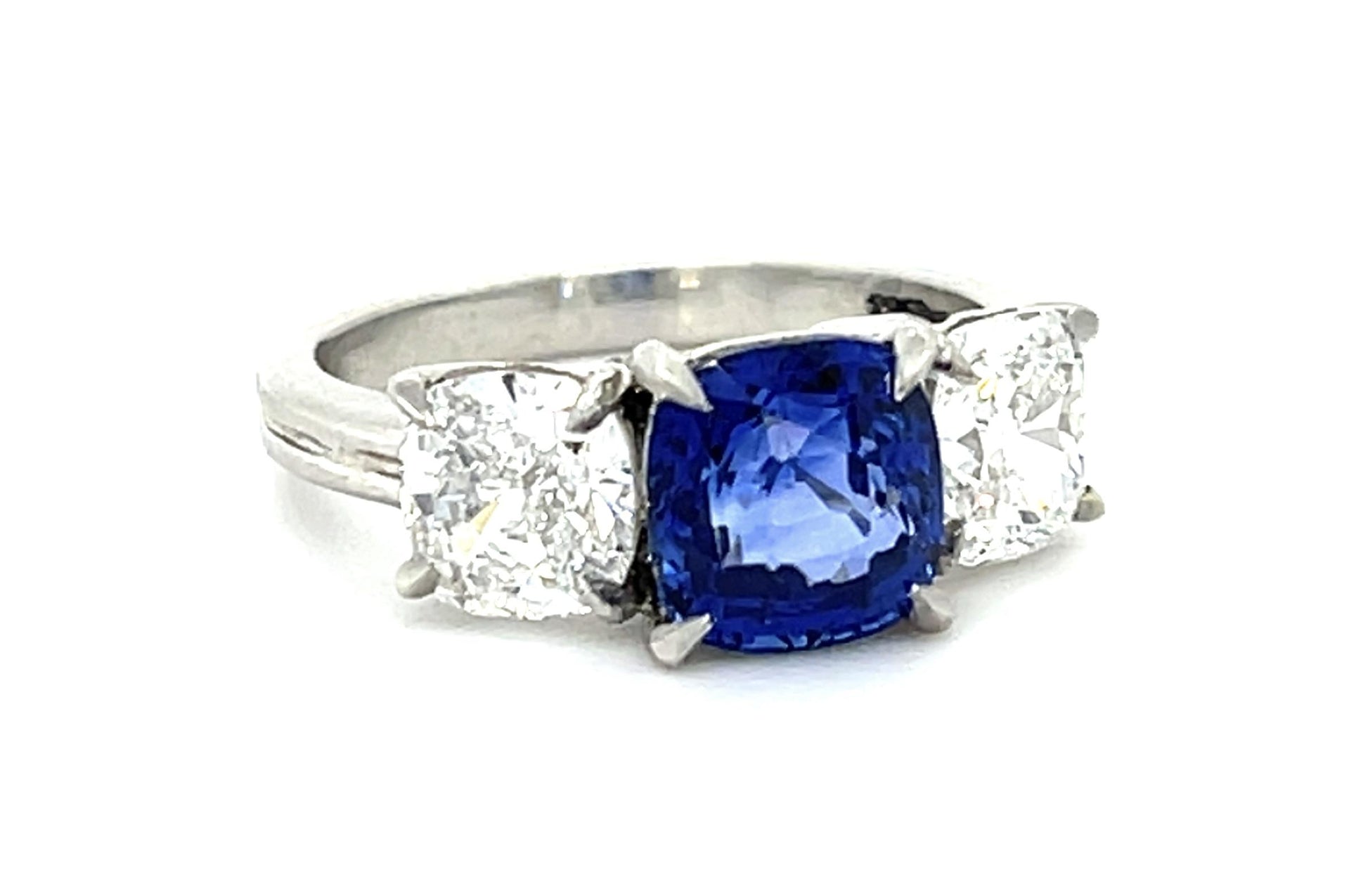 2.65ct Cushion Sapphire PT Three Stone Ring 1.01ct D-VS2 1.01ct E-VVS2 Diamond