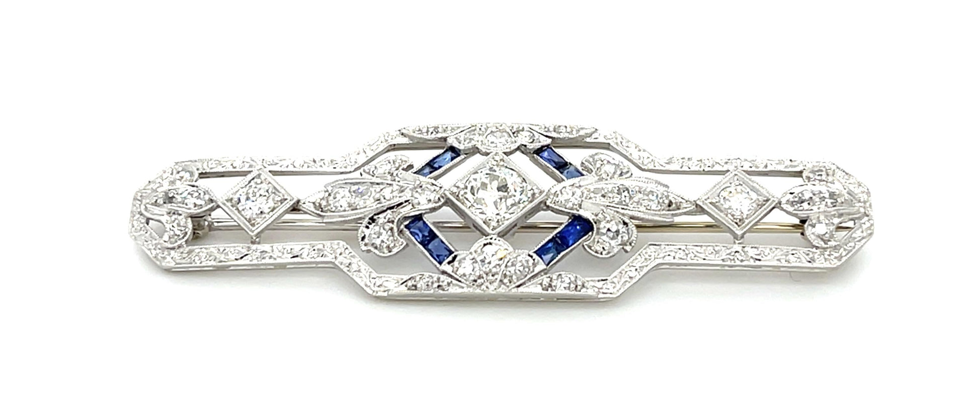 Original Art Deco .58ct Euro Diamond 1ct Sapphire Platinum Brooch