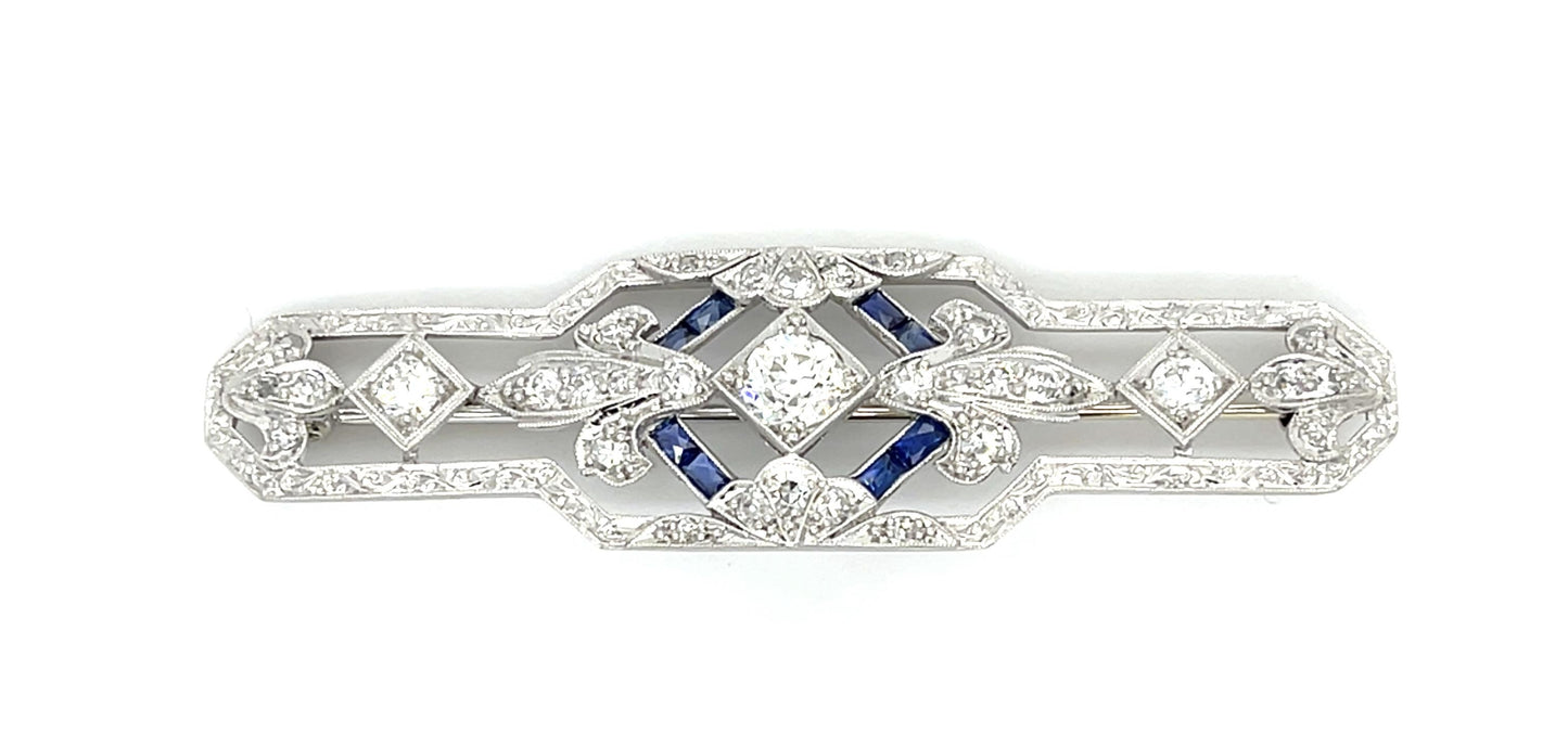 Original Art Deco .58ct Euro Diamond 1ct Sapphire Platinum Brooch