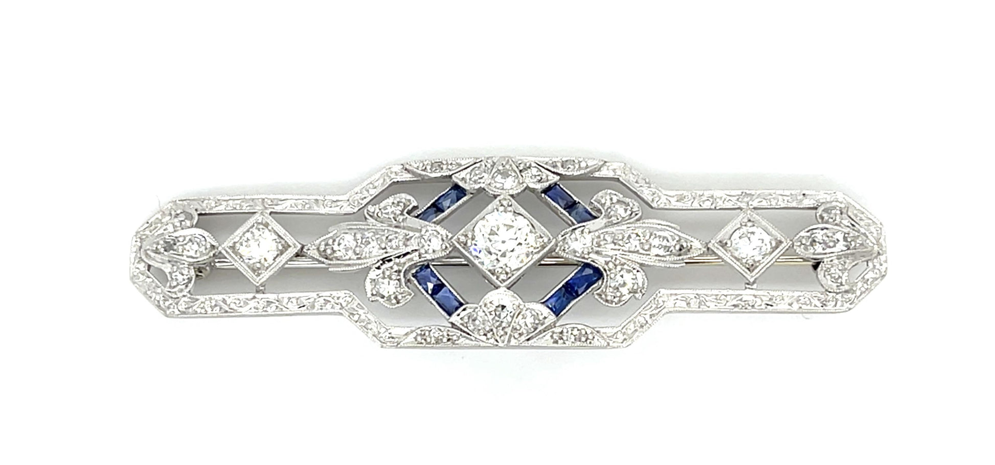 Original Art Deco .58ct Euro Diamond 1ct Sapphire Platinum Brooch