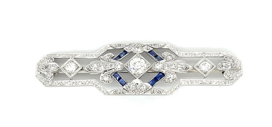 Original Art Deco .58ct Euro Diamond 1ct Sapphire Platinum Brooch