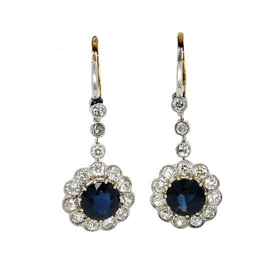 Original Edwardian 3.20ct No Heat Sapphire (No Cert) 18KY+PT Drop Earrings