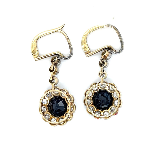 Original Edwardian 3.20ct No Heat Sapphire (No Cert) 18KY+PT Drop Earrings