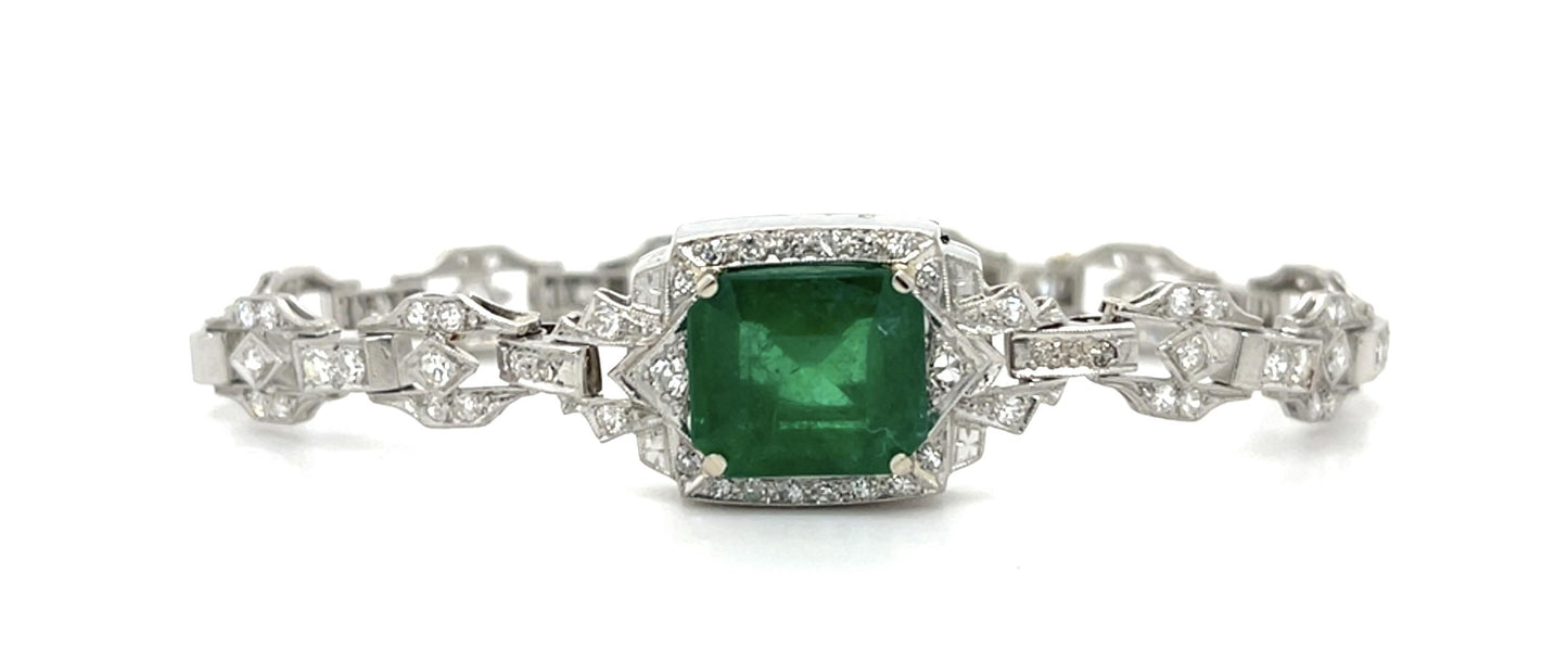 Original Art Deco 4.44ct Emerald Platinum Bracelet (Vintage 1930s)