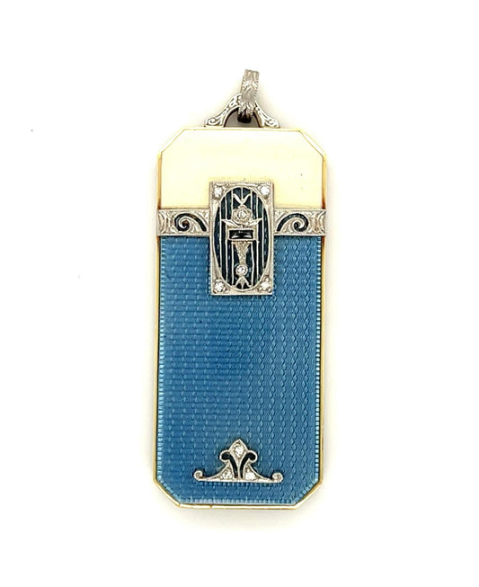 Original Art Deco Guilloche Enamel 18KY Vanity Case Locket Pendant
