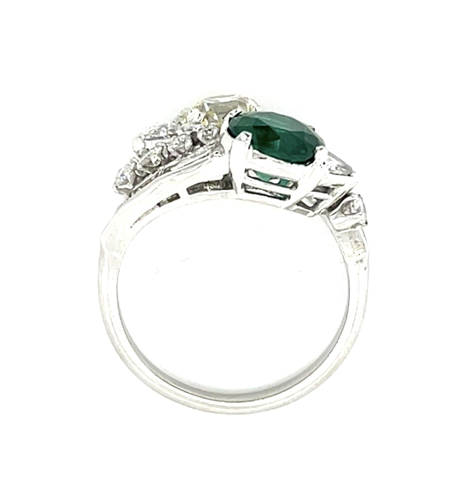 1.39ct Old European Diamond 1.47ct Emerald Toi et Moi Platinum Ring