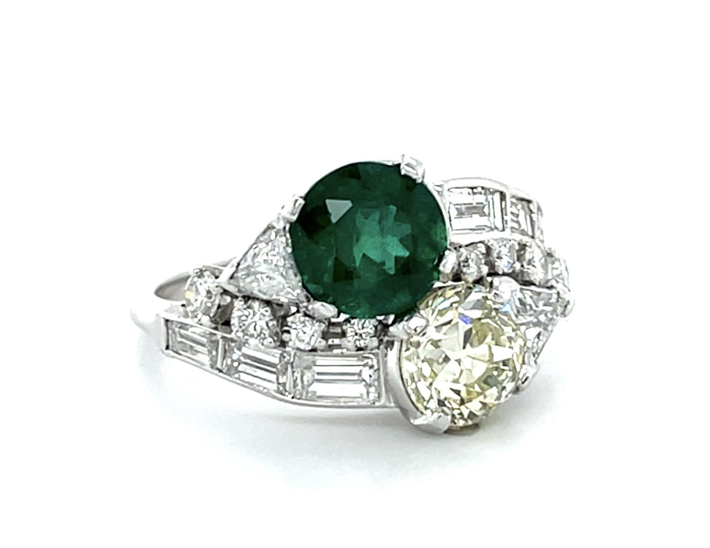 1.39ct Old European Diamond 1.47ct Emerald Toi et Moi Platinum Ring