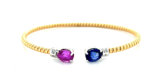 3.50ct Pink and Blue Sapphire 18KY Torque Bangle Bracelet 8.01g