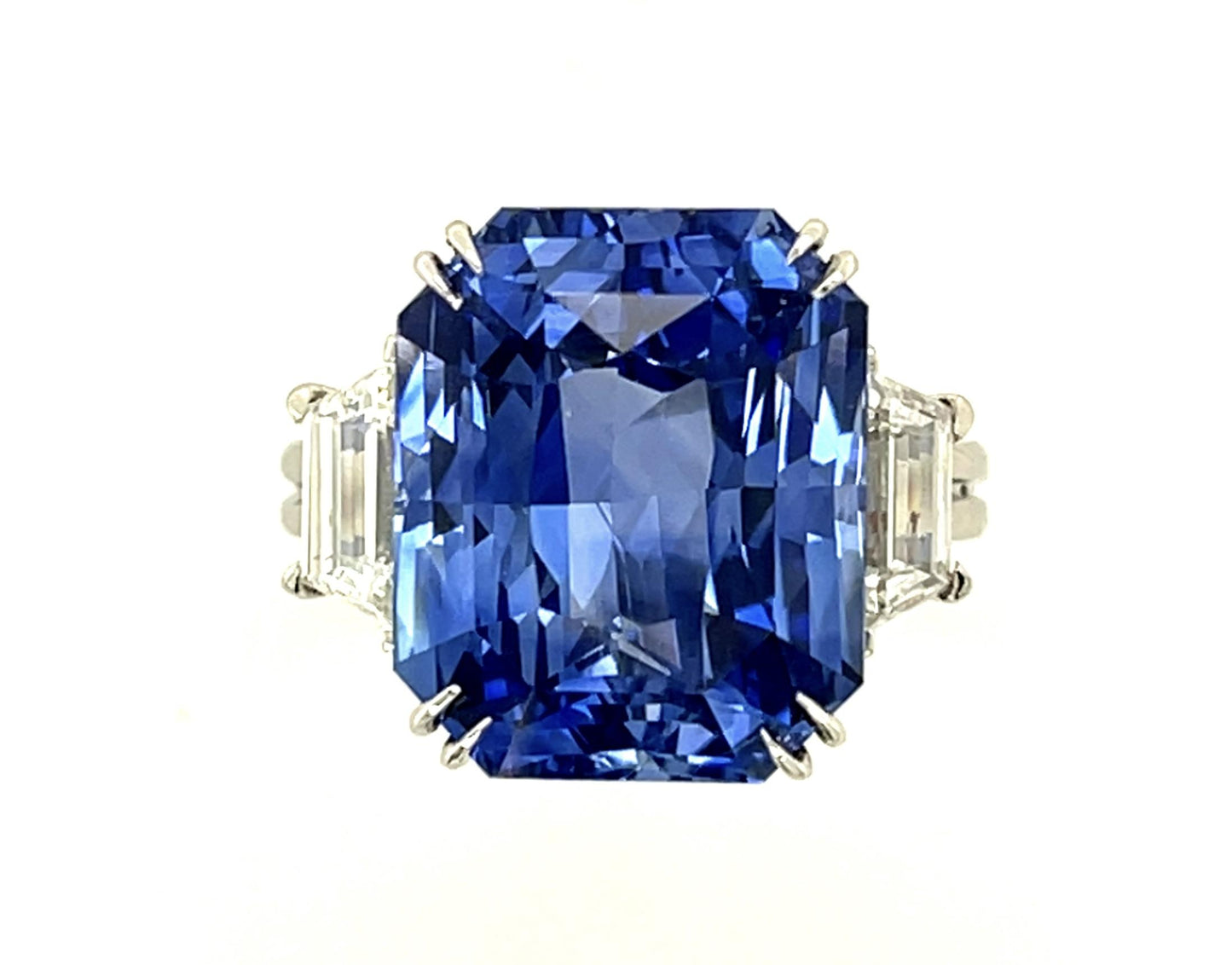 14.57ct Emerald-cut Sapphire (No Cert) 1.46ct Trapezoid Diamond Platinum Ring