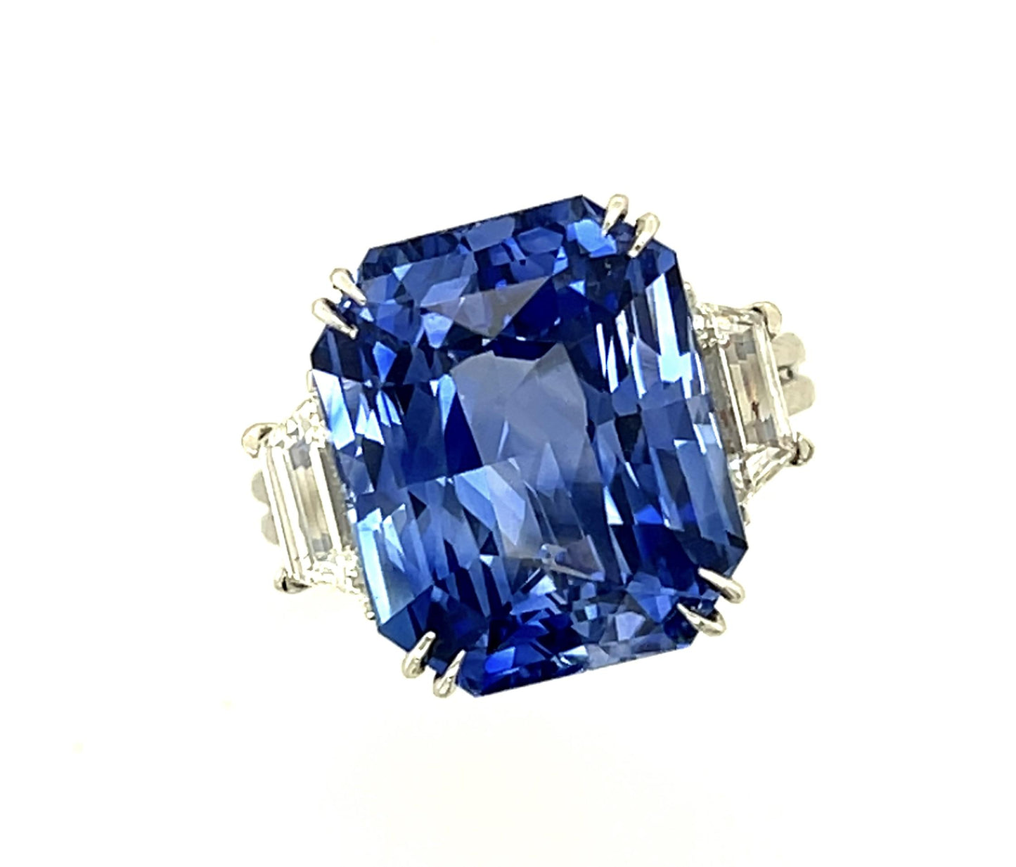 14.57ct Emerald-cut Sapphire (No Cert) 1.46ct Trapezoid Diamond Platinum Ring