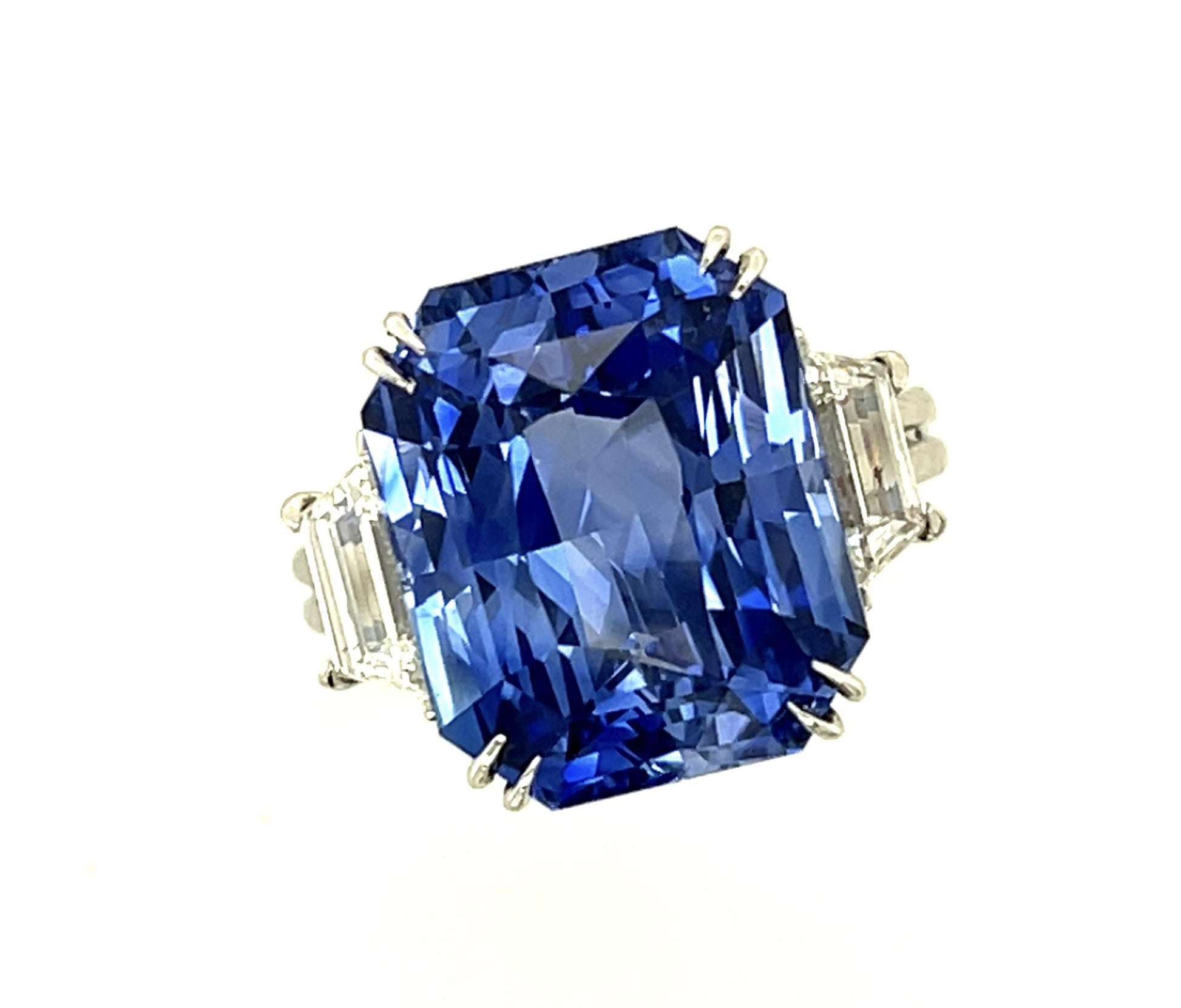 14.57ct Emerald-cut Sapphire (No Cert) 1.46ct Trapezoid Diamond Platinum Ring