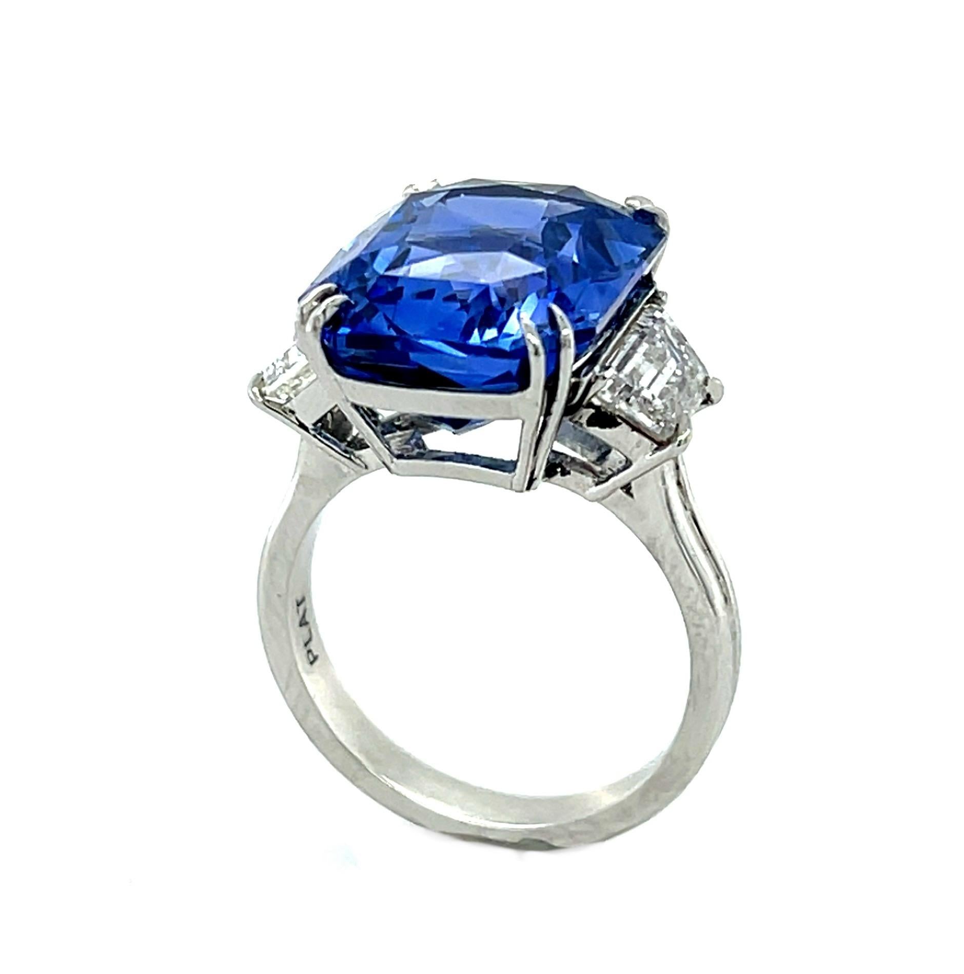 14.57ct Emerald-cut Sapphire (No Cert) 1.46ct Trapezoid Diamond Platinum Ring