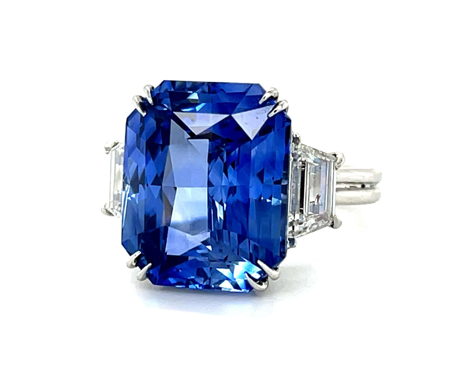 14.57ct Emerald-cut Sapphire (No Cert) 1.46ct Trapezoid Diamond Platinum Ring