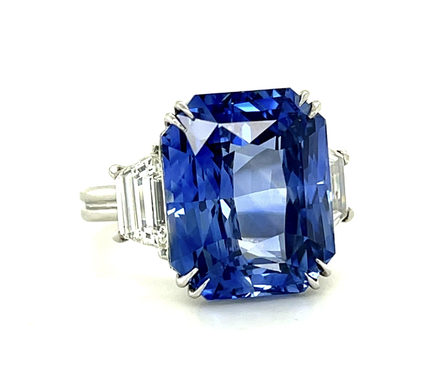 14.57ct Emerald-cut Sapphire (No Cert) 1.46ct Trapezoid Diamond Platinum Ring